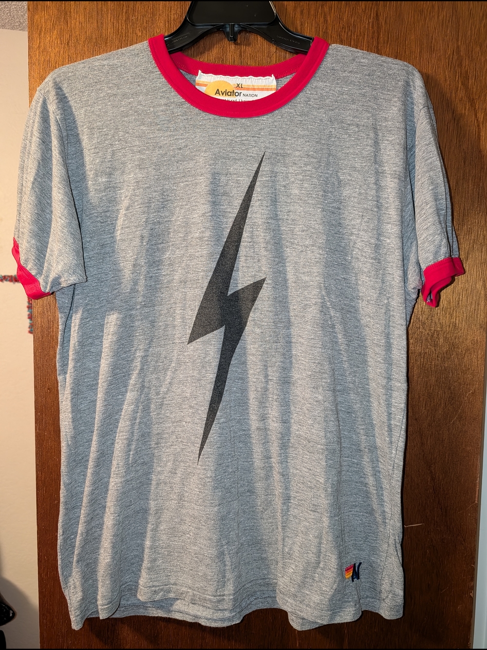 Aviator Nation Grey Tee with Black Lightning Bolt and Red Trim 🍒